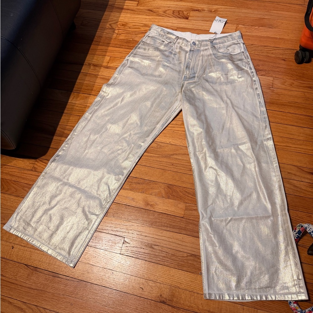 NWT Zara TRF Metallic Effect High-Waisted Jeans Straight wax coated relaxed fit - Picture 9 of 13